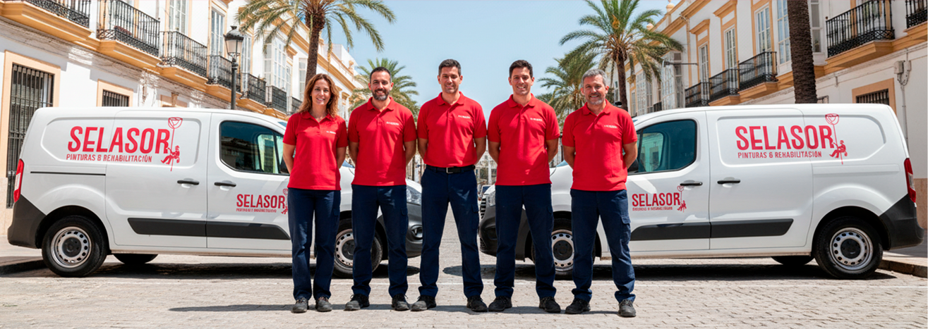 Equipo de Selasor trabajando en rehabilitación de fachadas en Cádiz