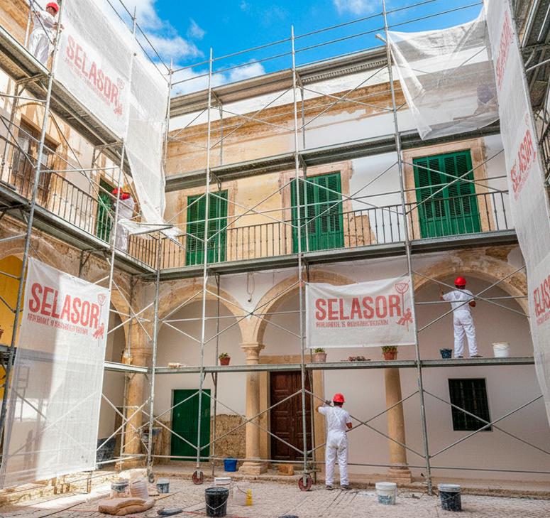 Equipo de Selasor trabajando en rehabilitación de fachadas en Cádiz