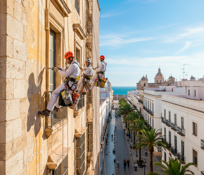 Equipo de Selasor trabajando en rehabilitación de fachadas en Cádiz